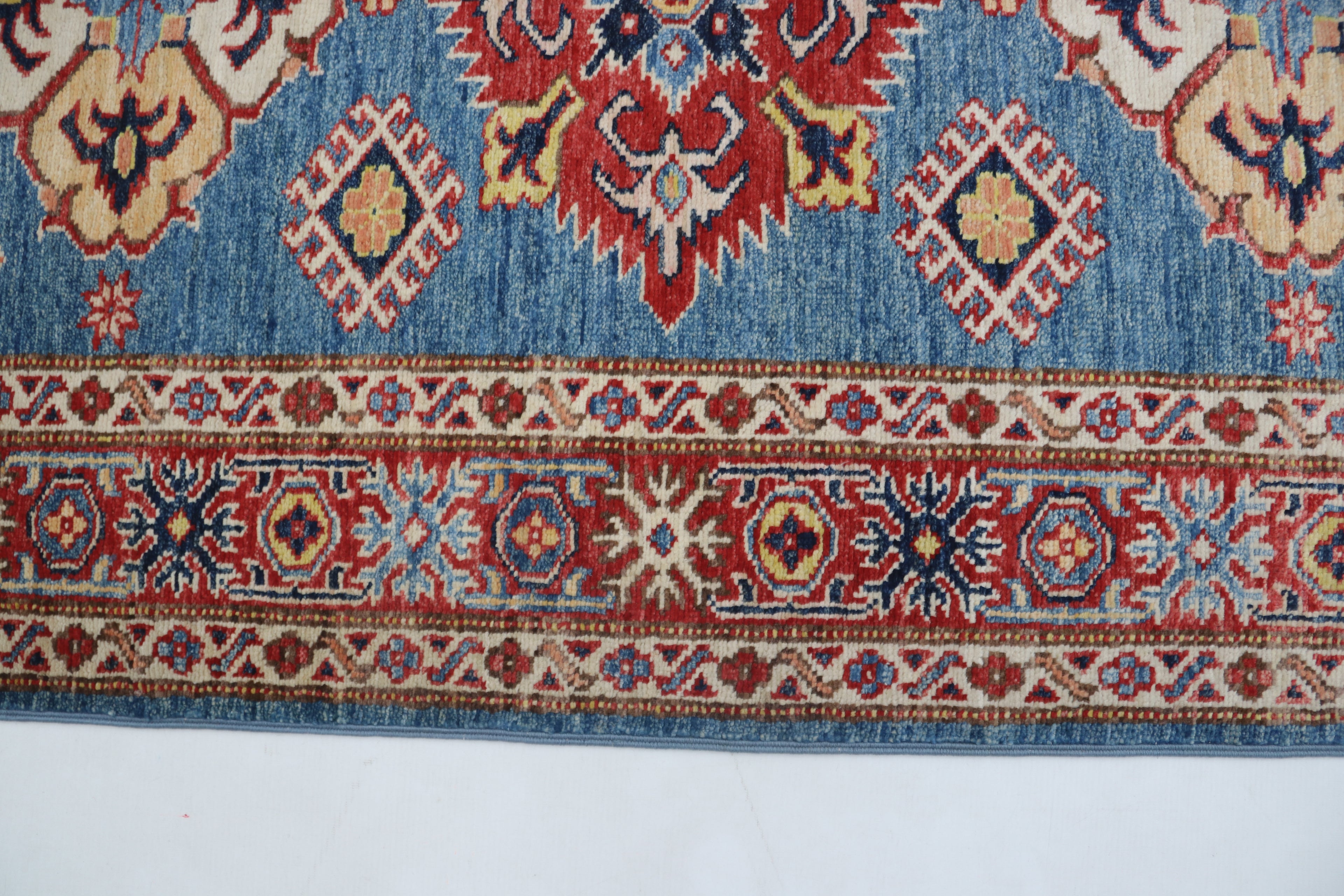 3x5 Blue & Red Super Kazak Area Rug | Handmade Wool & Cotton Geometric Rug