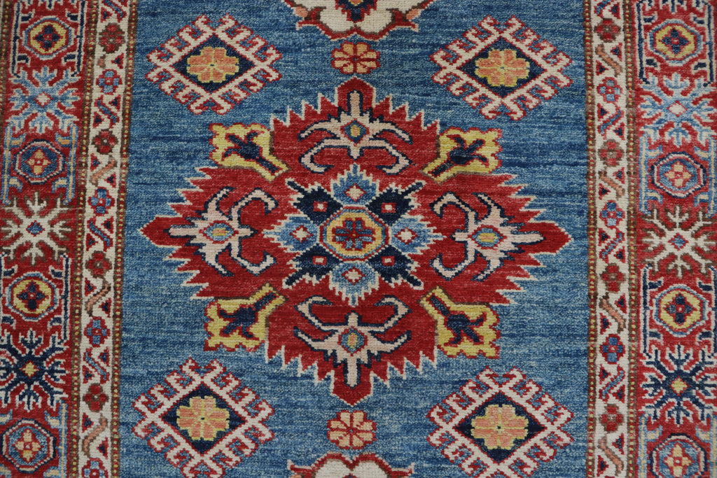 3x5 Blue & Red Super Kazak Area Rug | Handmade Wool & Cotton Geometric Rug