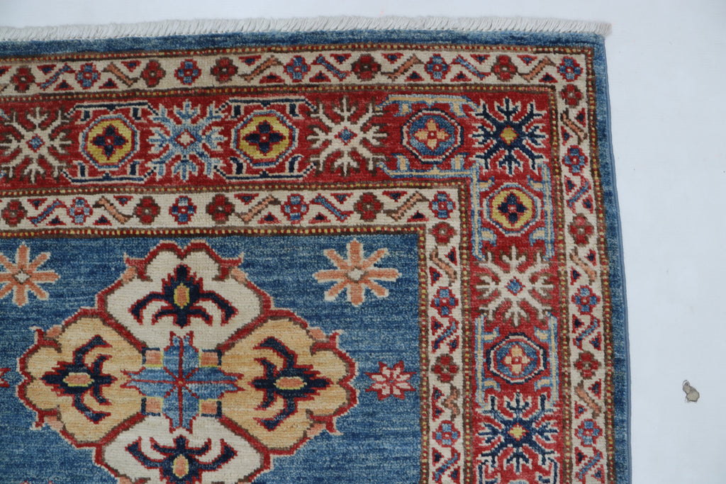 3x5 Blue & Red Super Kazak Area Rug | Handmade Wool & Cotton Geometric Rug