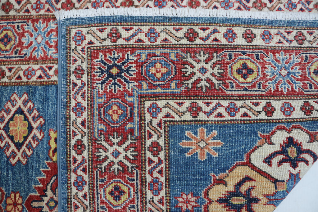 3x5 Blue & Red Super Kazak Area Rug | Handmade Wool & Cotton Geometric Rug