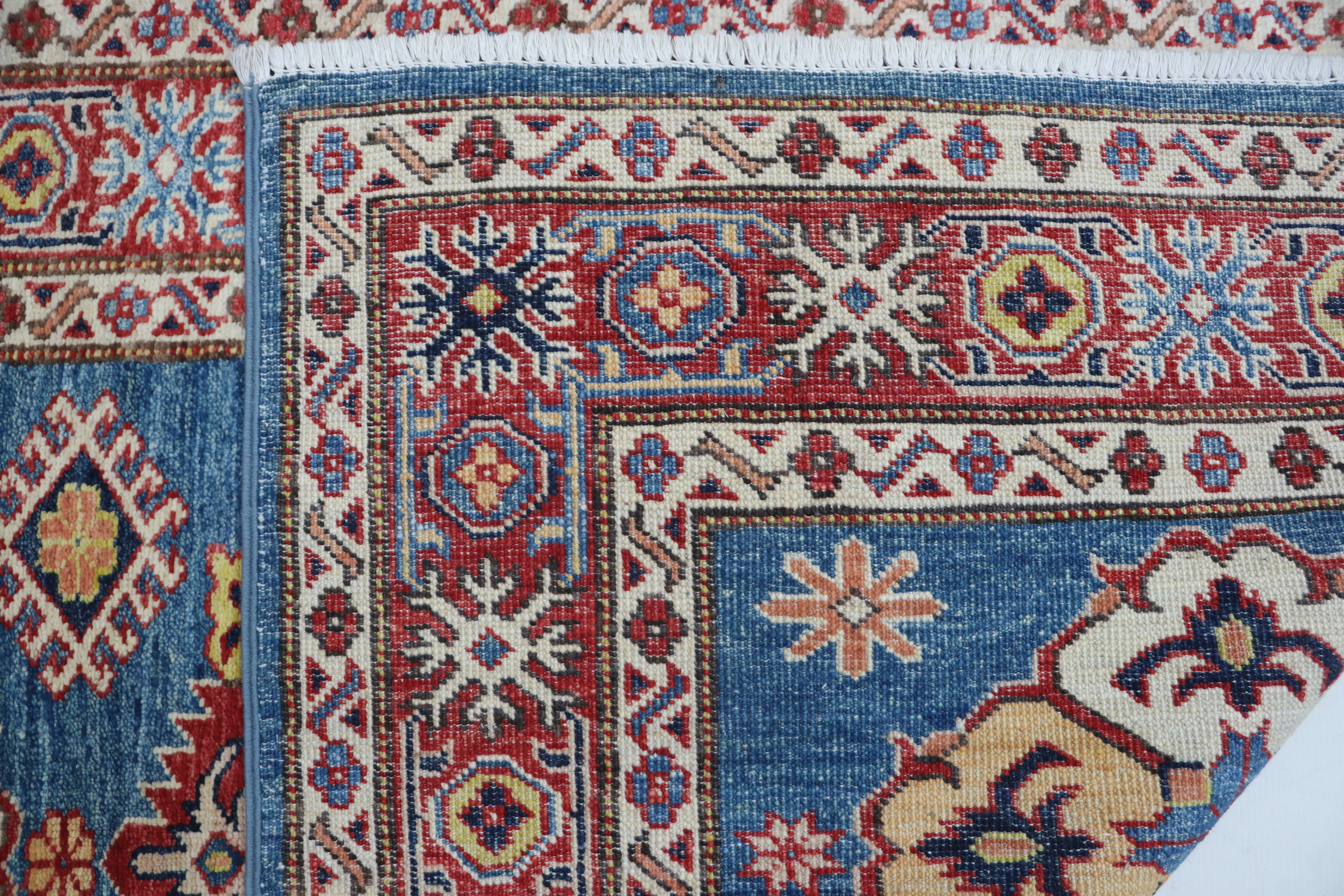 3x5 Blue & Red Super Kazak Area Rug | Handmade Wool & Cotton Geometric Rug