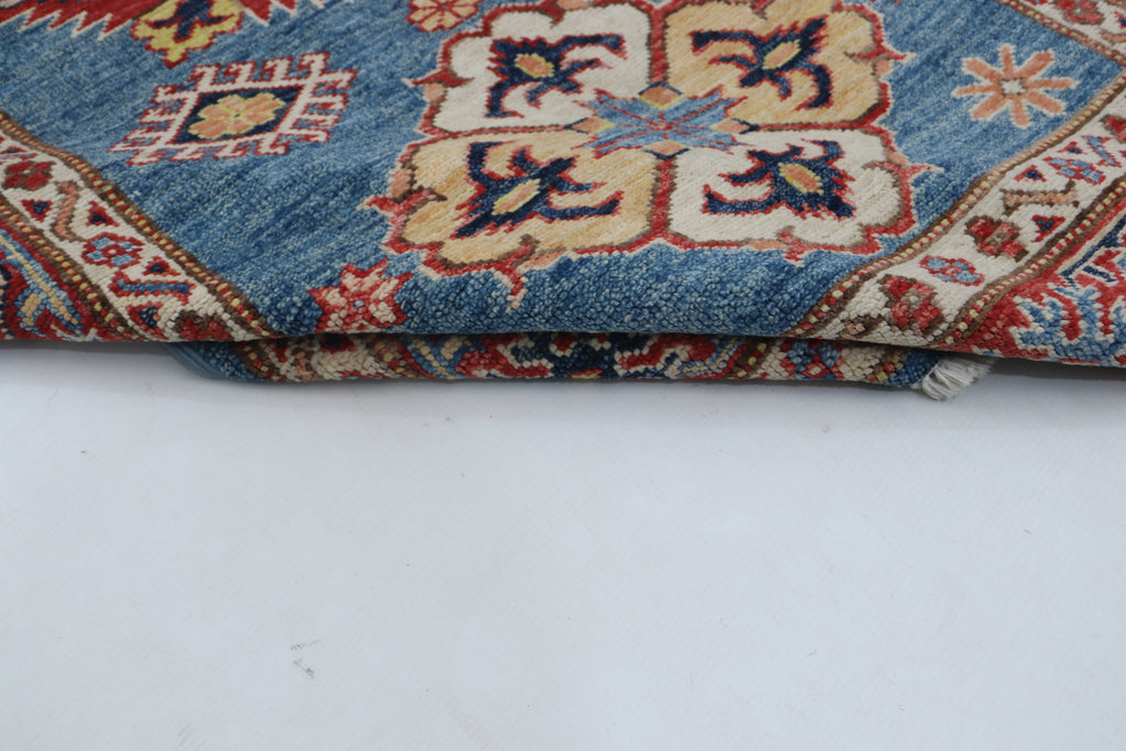 3x5 Blue & Red Super Kazak Area Rug | Handmade Wool & Cotton Geometric Rug