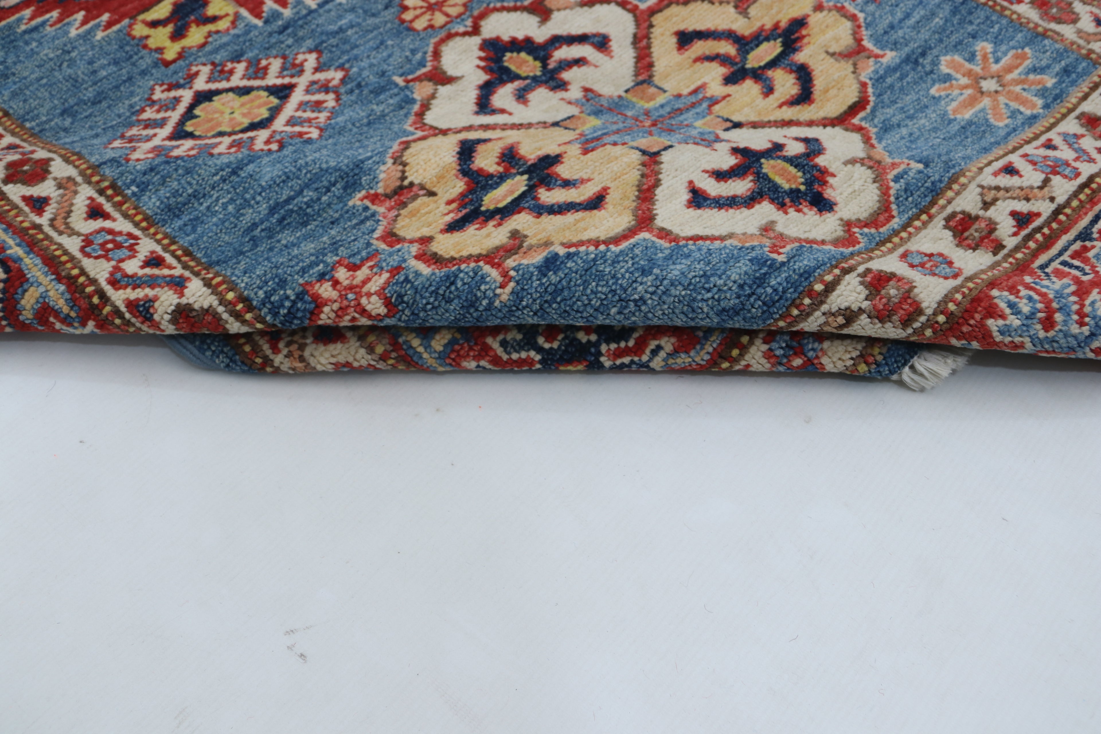 3x5 Blue & Red Super Kazak Area Rug | Handmade Wool & Cotton Geometric Rug