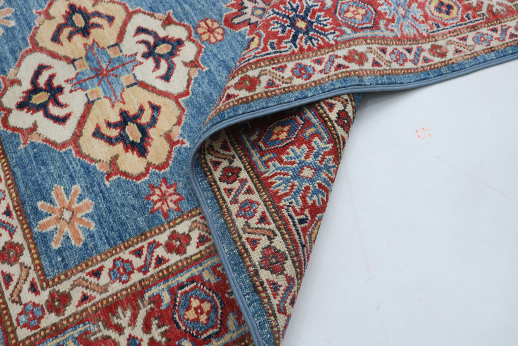 3x5 Blue & Red Super Kazak Area Rug | Handmade Wool & Cotton Geometric Rug