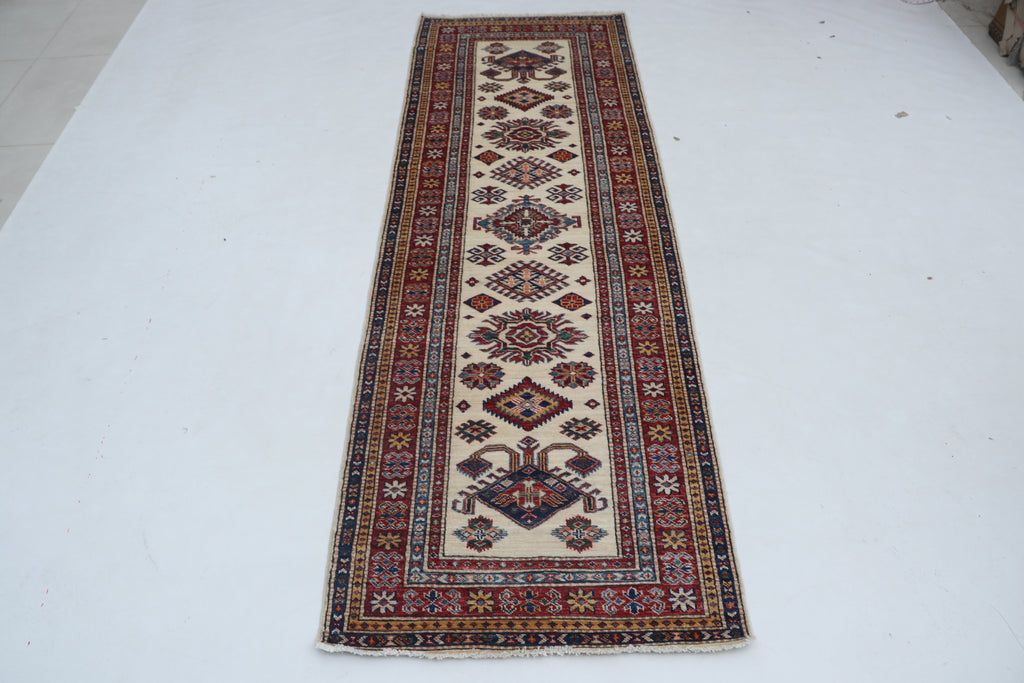 3x8 Beige & Red Super Kazak Geometric Handmade Cotton & Wool Runner Rug | Premium Luxury Runner Rug