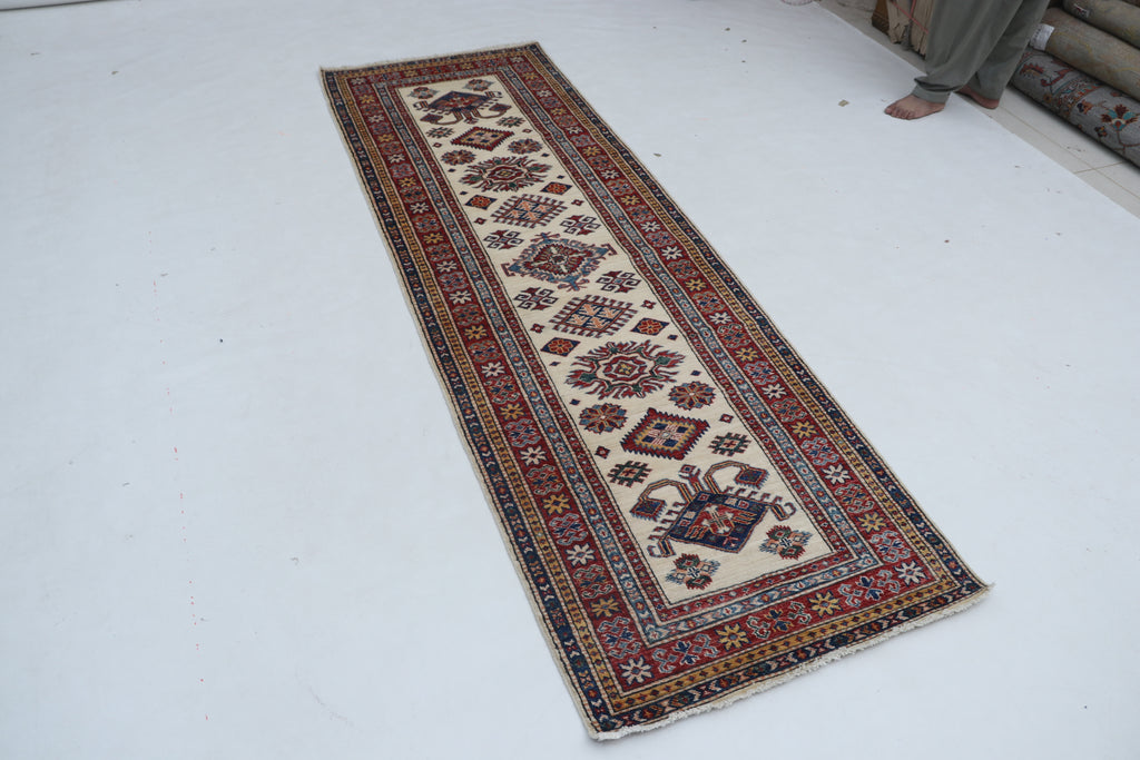 3x8 Beige & Red Super Kazak Geometric Handmade Cotton & Wool Runner Rug | Premium Luxury Runner Rug