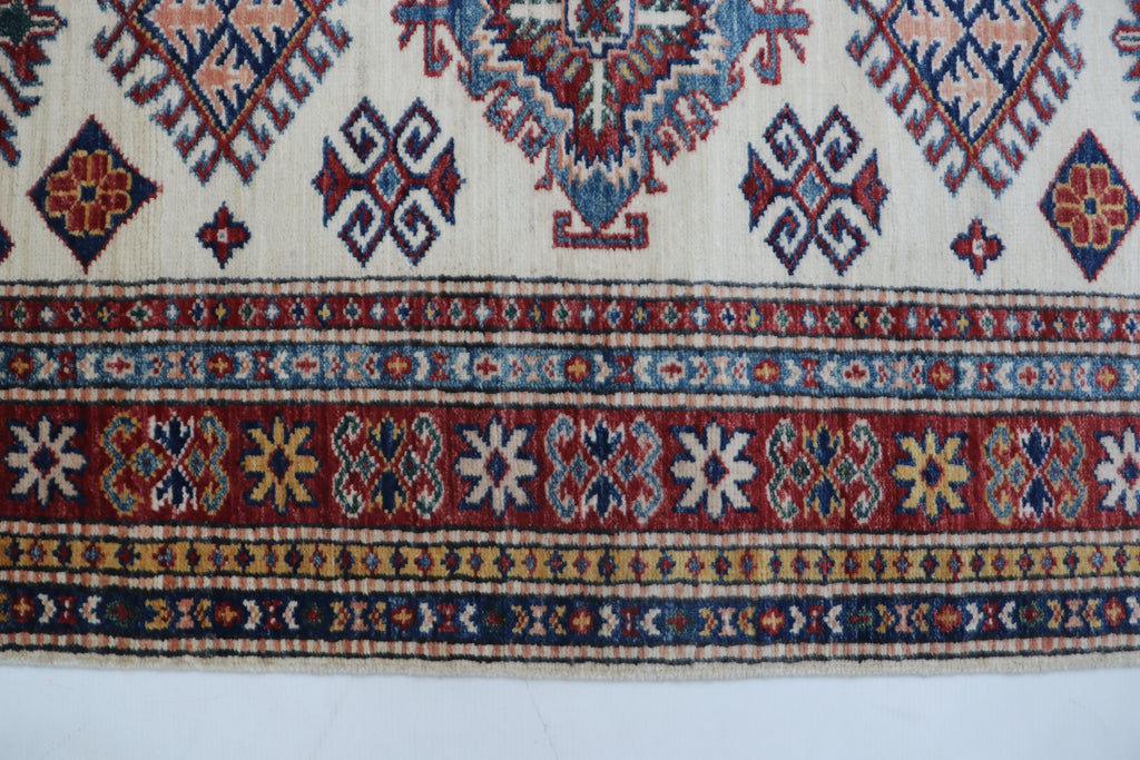 3x8 Beige & Red Super Kazak Geometric Handmade Cotton & Wool Runner Rug | Premium Luxury Runner Rug