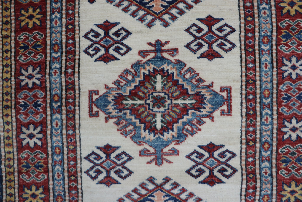 3x8 Beige & Red Super Kazak Geometric Handmade Cotton & Wool Runner Rug | Premium Luxury Runner Rug