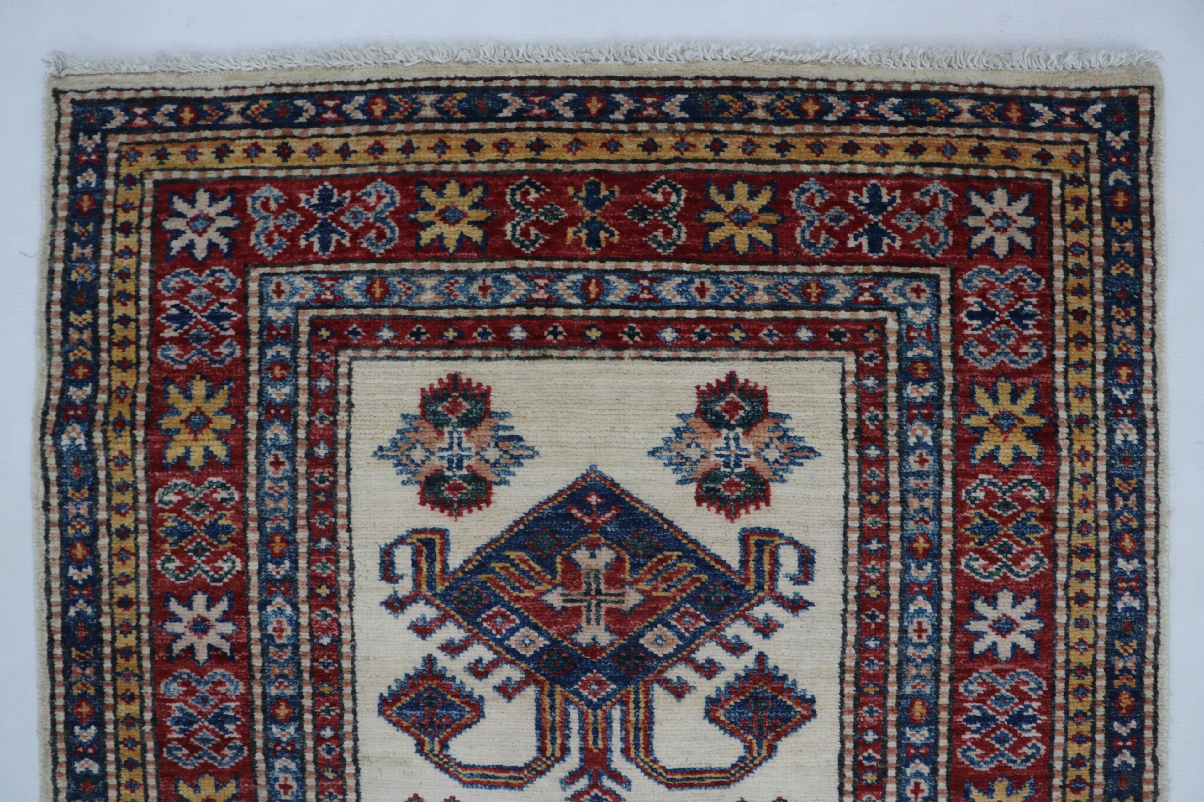 3x8 Beige & Red Super Kazak Geometric Handmade Cotton & Wool Runner Rug | Premium Luxury Runner Rug