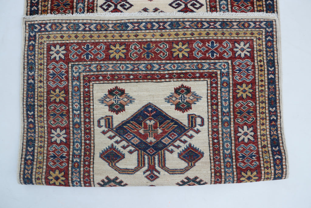 3x8 Beige & Red Super Kazak Geometric Handmade Cotton & Wool Runner Rug | Premium Luxury Runner Rug