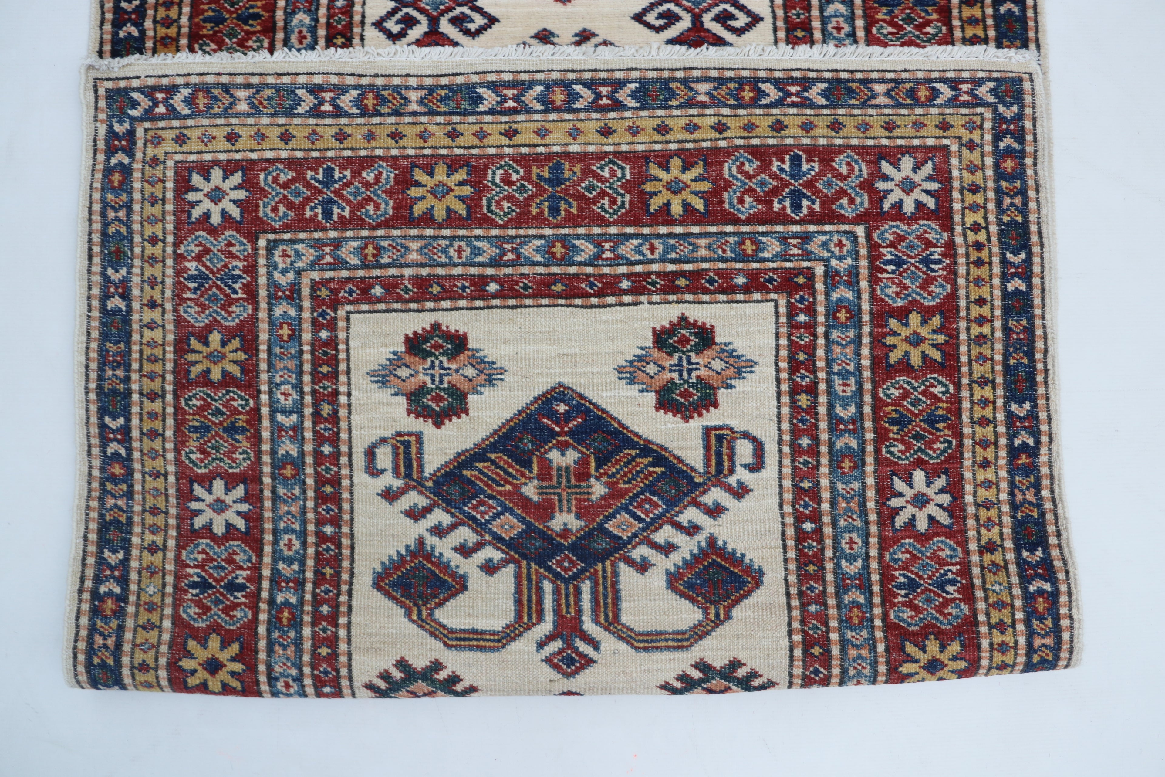 3x8 Beige & Red Super Kazak Geometric Handmade Cotton & Wool Runner Rug | Premium Luxury Runner Rug