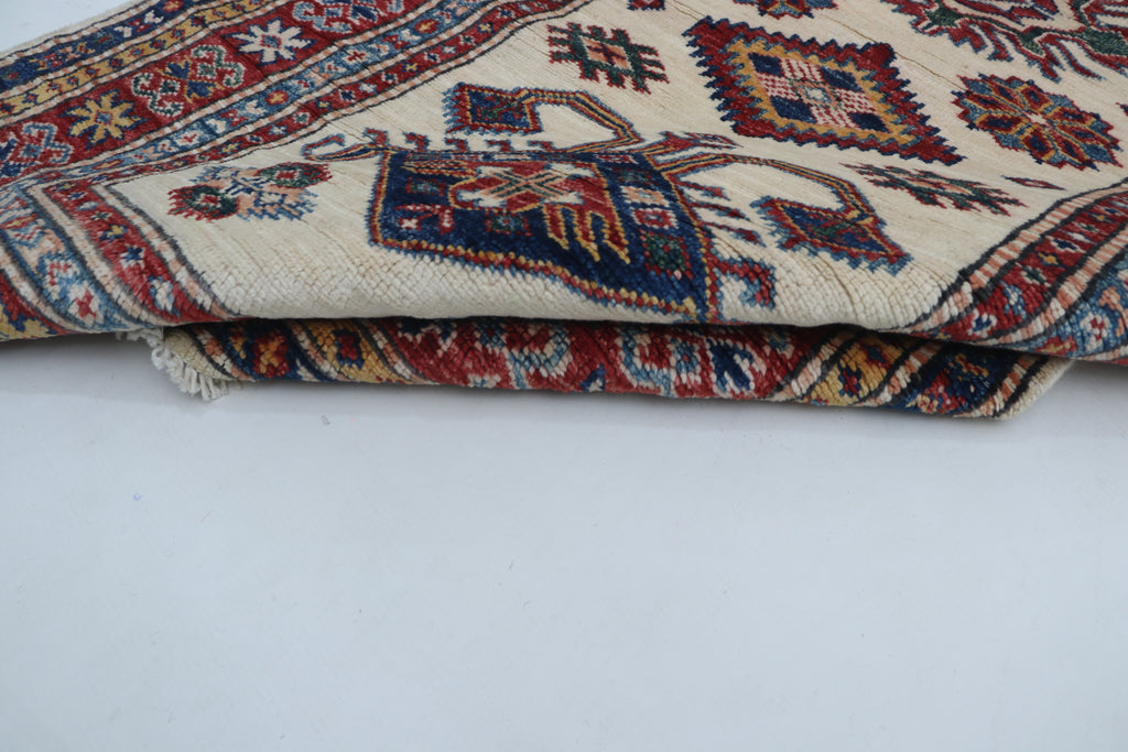 3x8 Beige & Red Super Kazak Geometric Handmade Cotton & Wool Runner Rug | Premium Luxury Runner Rug