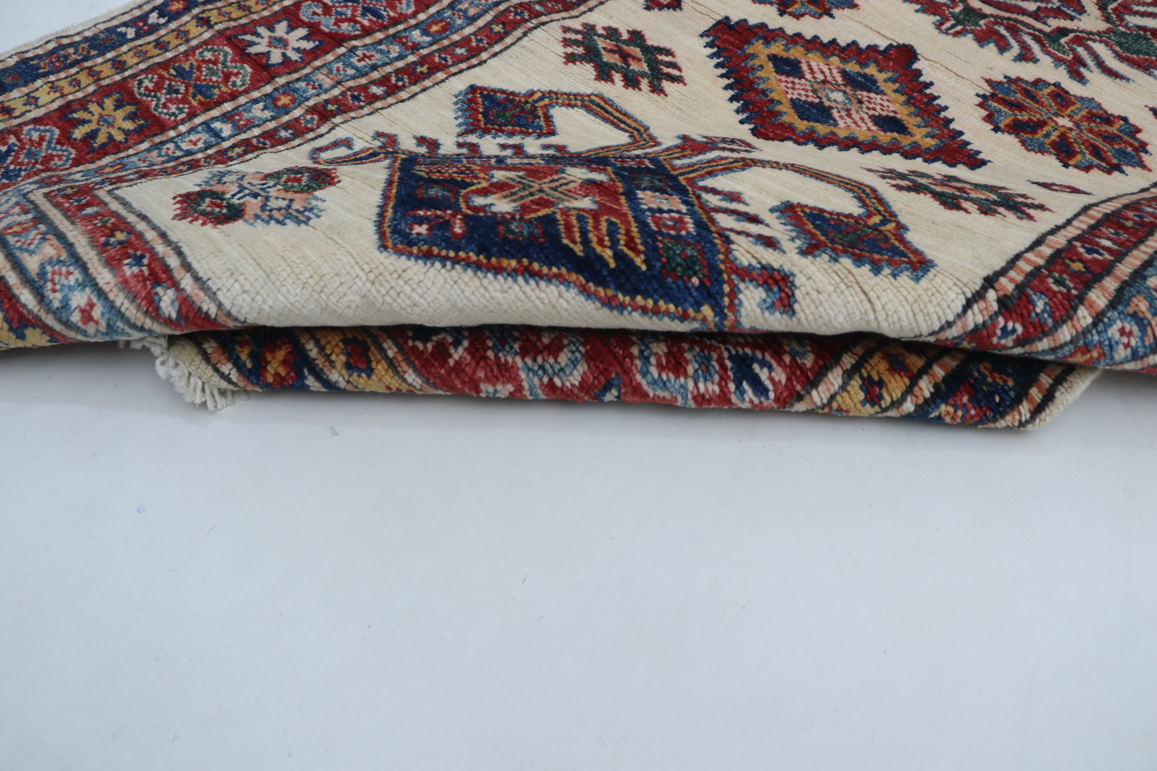3x8 Beige & Red Super Kazak Geometric Handmade Cotton & Wool Runner Rug | Premium Luxury Runner Rug