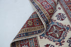 3x8 Beige & Red Super Kazak Geometric Handmade Cotton & Wool Runner Rug | Premium Luxury Runner Rug
