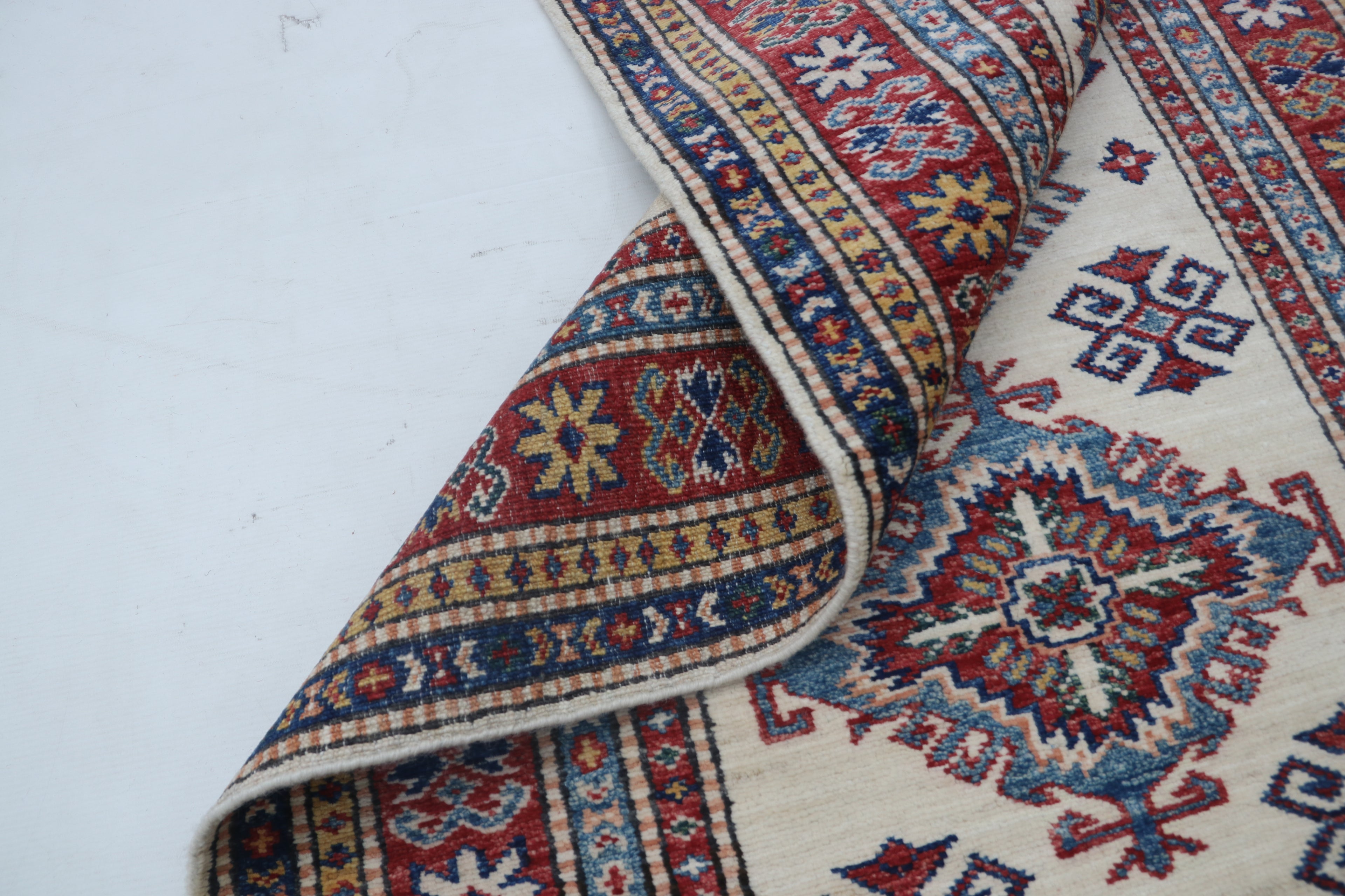 3x8 Beige & Red Super Kazak Geometric Handmade Cotton & Wool Runner Rug | Premium Luxury Runner Rug