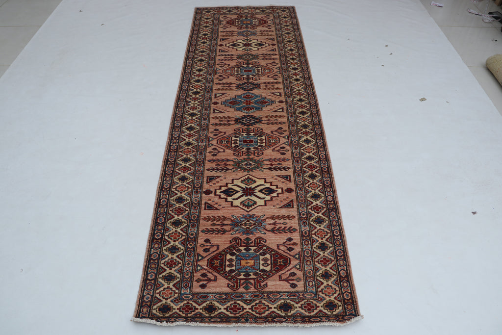 3x9 Beige & Copper Super Kazak Runner Rug | Handmade Wool & Cotton Geometric Rug