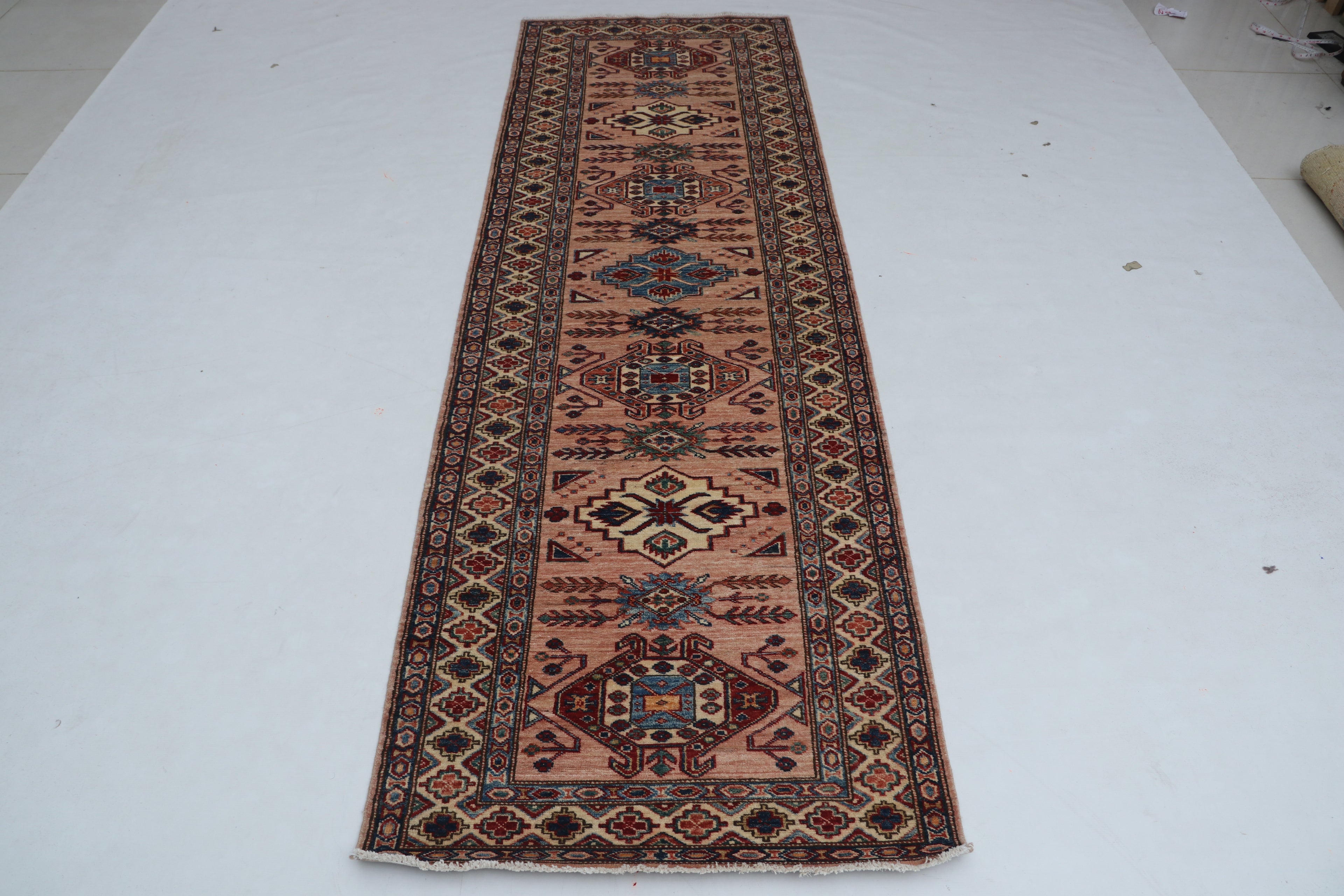 3x9 Beige & Copper Super Kazak Runner Rug | Handmade Wool & Cotton Geometric Rug