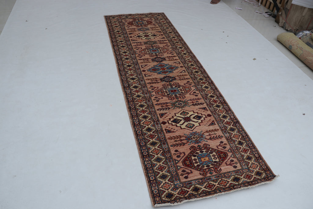 3x9 Beige & Copper Super Kazak Runner Rug | Handmade Wool & Cotton Geometric Rug