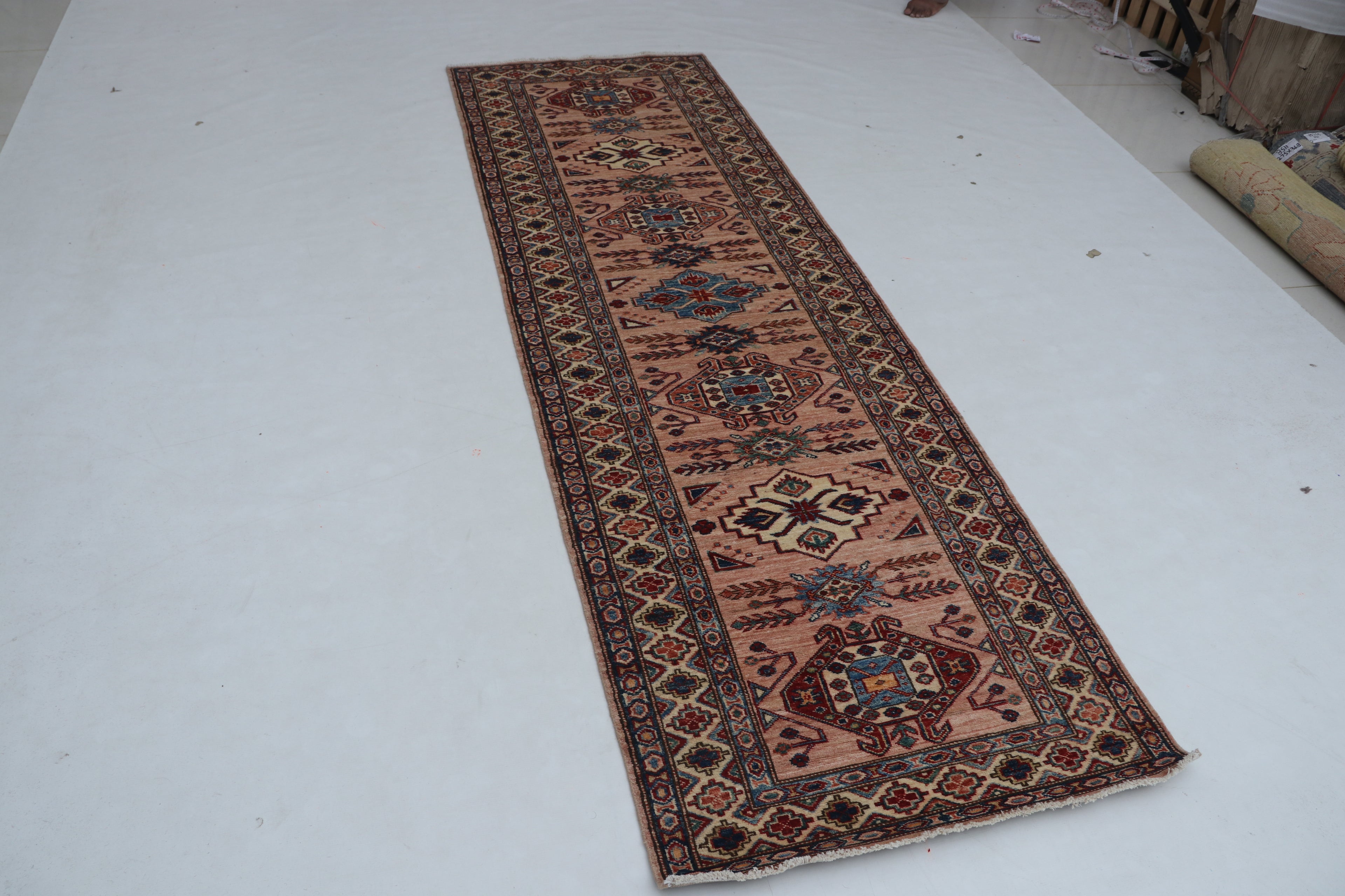 3x9 Beige & Copper Super Kazak Runner Rug | Handmade Wool & Cotton Geometric Rug