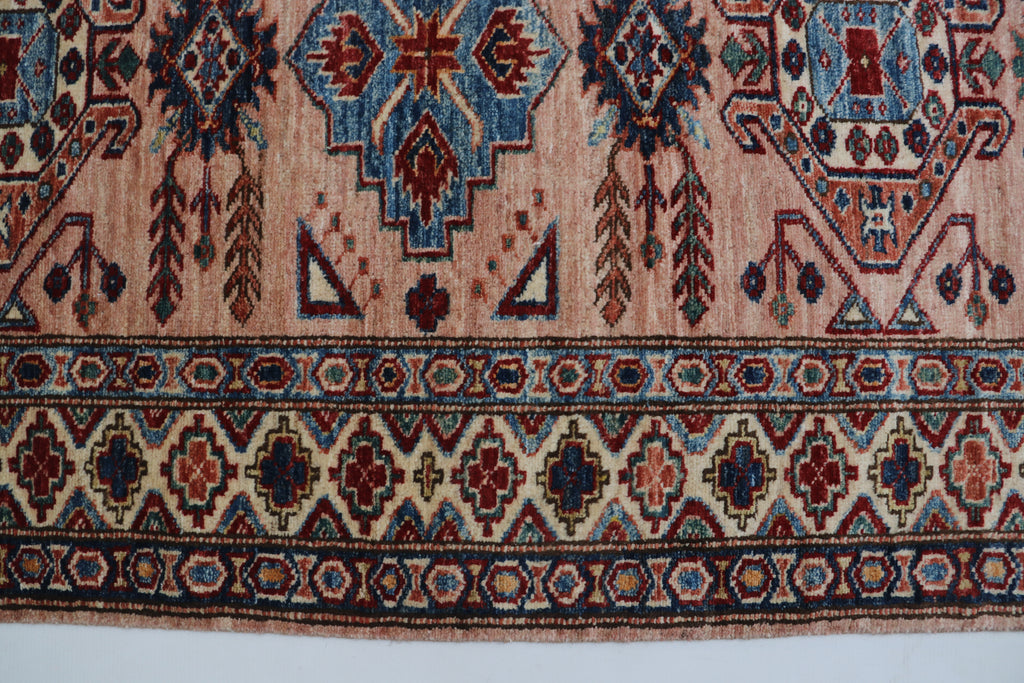 3x9 Beige & Copper Super Kazak Runner Rug | Handmade Wool & Cotton Geometric Rug