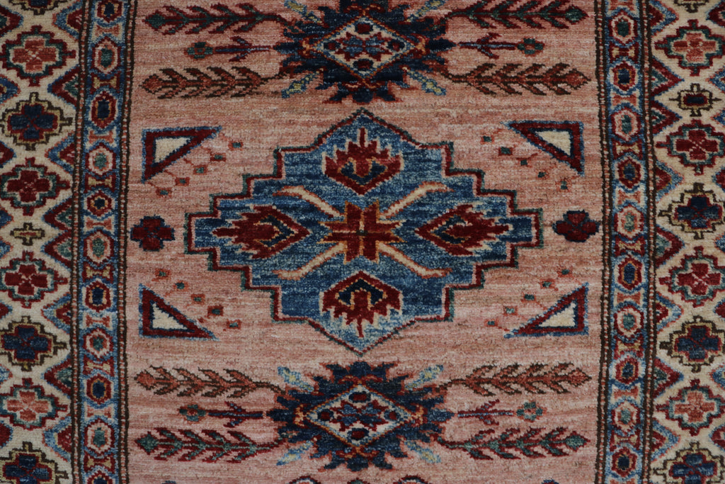 3x9 Beige & Copper Super Kazak Runner Rug | Handmade Wool & Cotton Geometric Rug