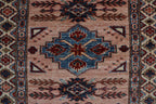 3x9 Beige & Copper Super Kazak Runner Rug | Handmade Wool & Cotton Geometric Rug