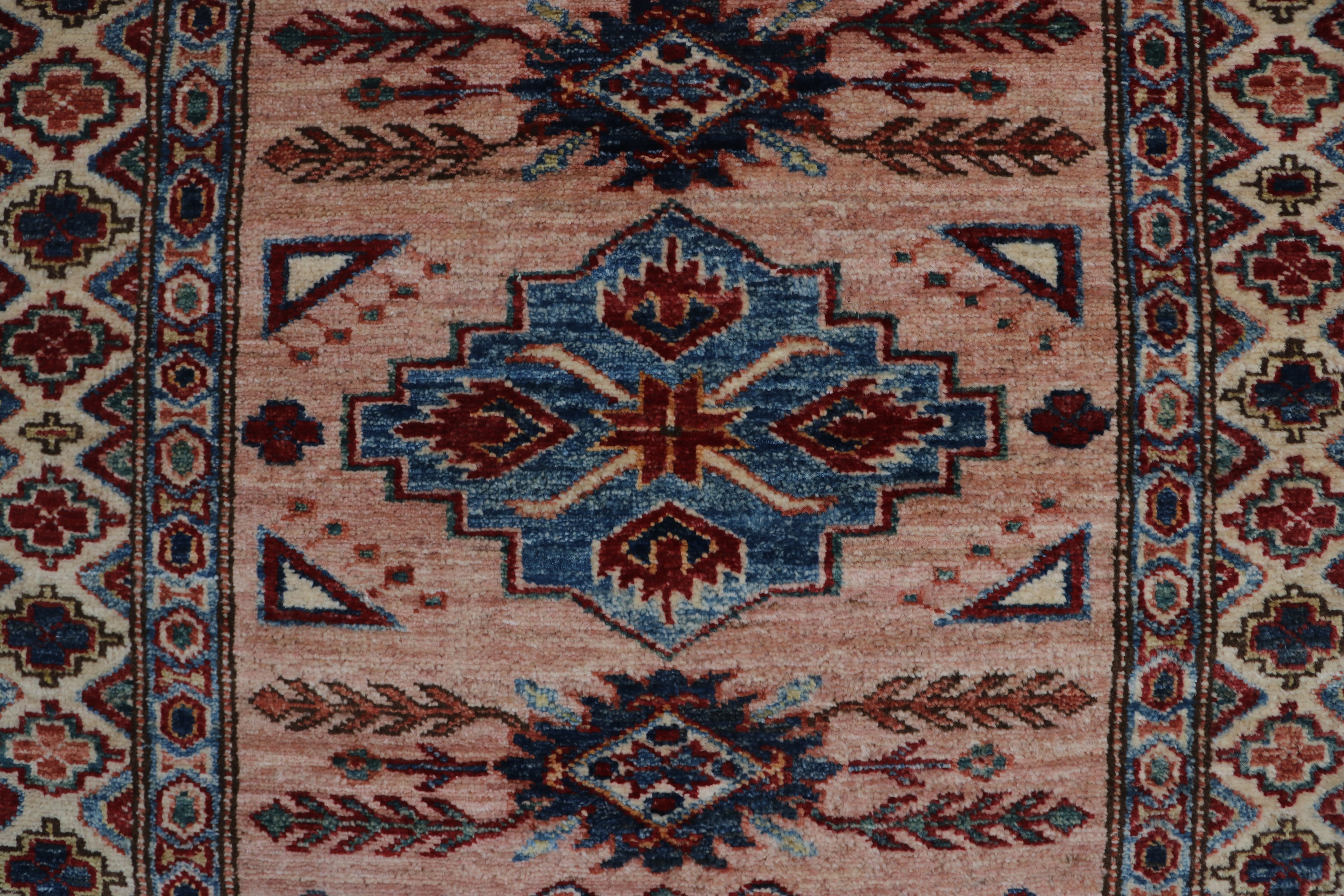 3x9 Beige & Copper Super Kazak Runner Rug | Handmade Wool & Cotton Geometric Rug