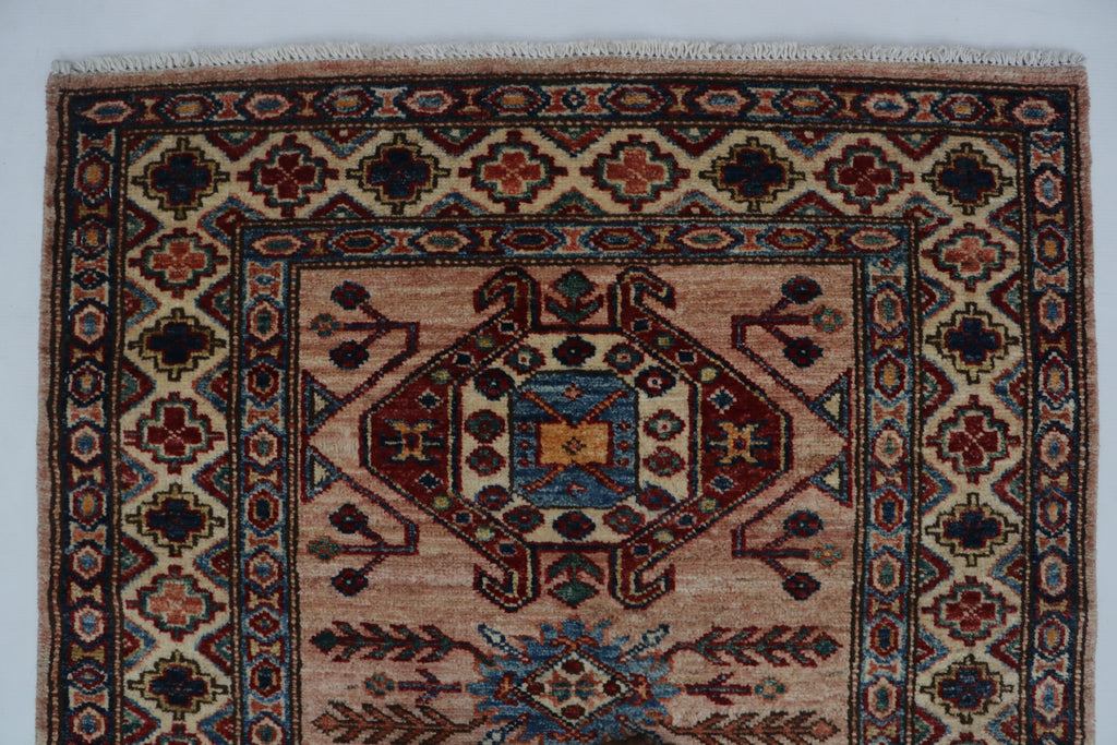 3x9 Beige & Copper Super Kazak Runner Rug | Handmade Wool & Cotton Geometric Rug