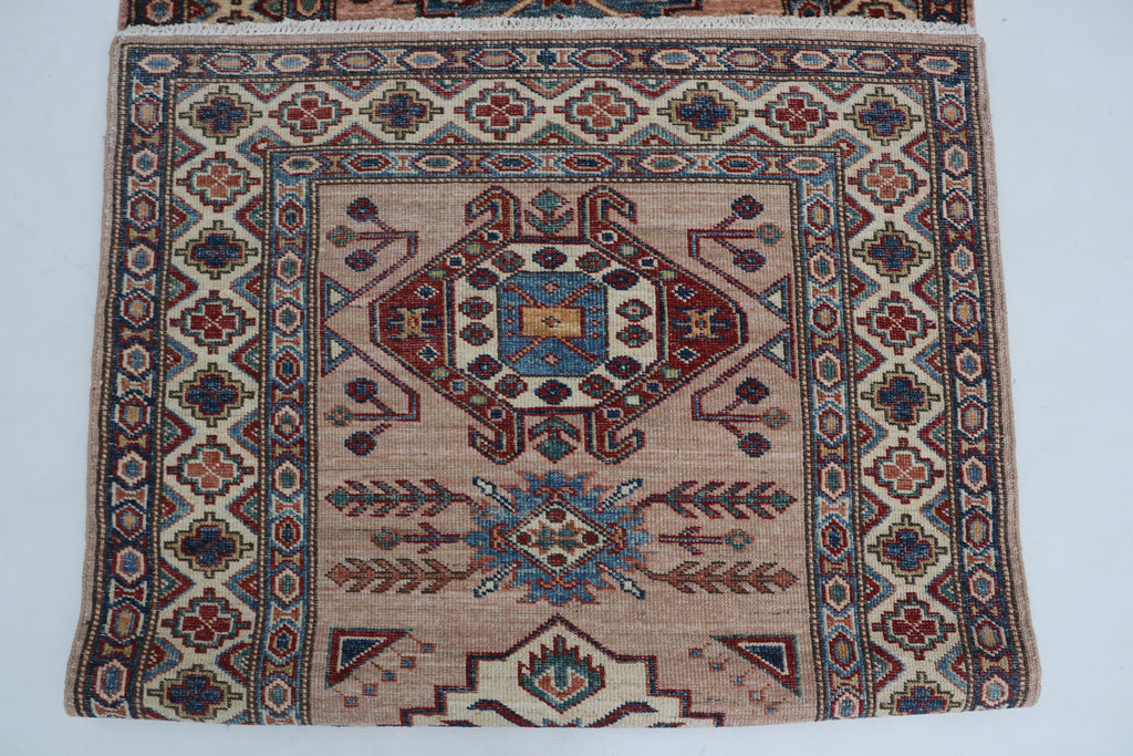 3x9 Beige & Copper Super Kazak Runner Rug | Handmade Wool & Cotton Geometric Rug