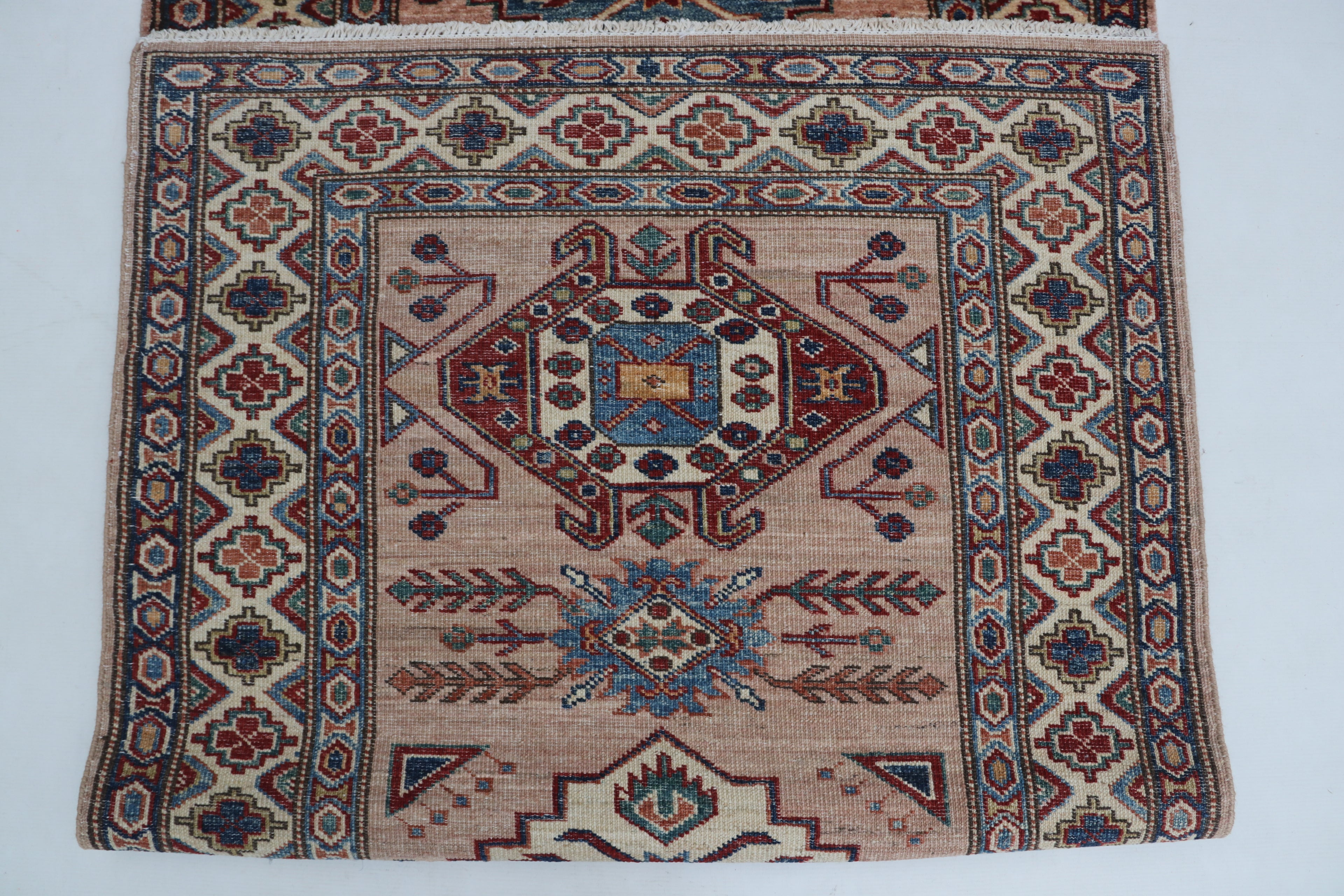 3x9 Beige & Copper Super Kazak Runner Rug | Handmade Wool & Cotton Geometric Rug
