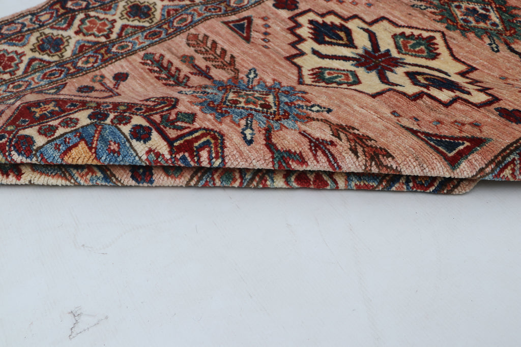 3x9 Beige & Copper Super Kazak Runner Rug | Handmade Wool & Cotton Geometric Rug