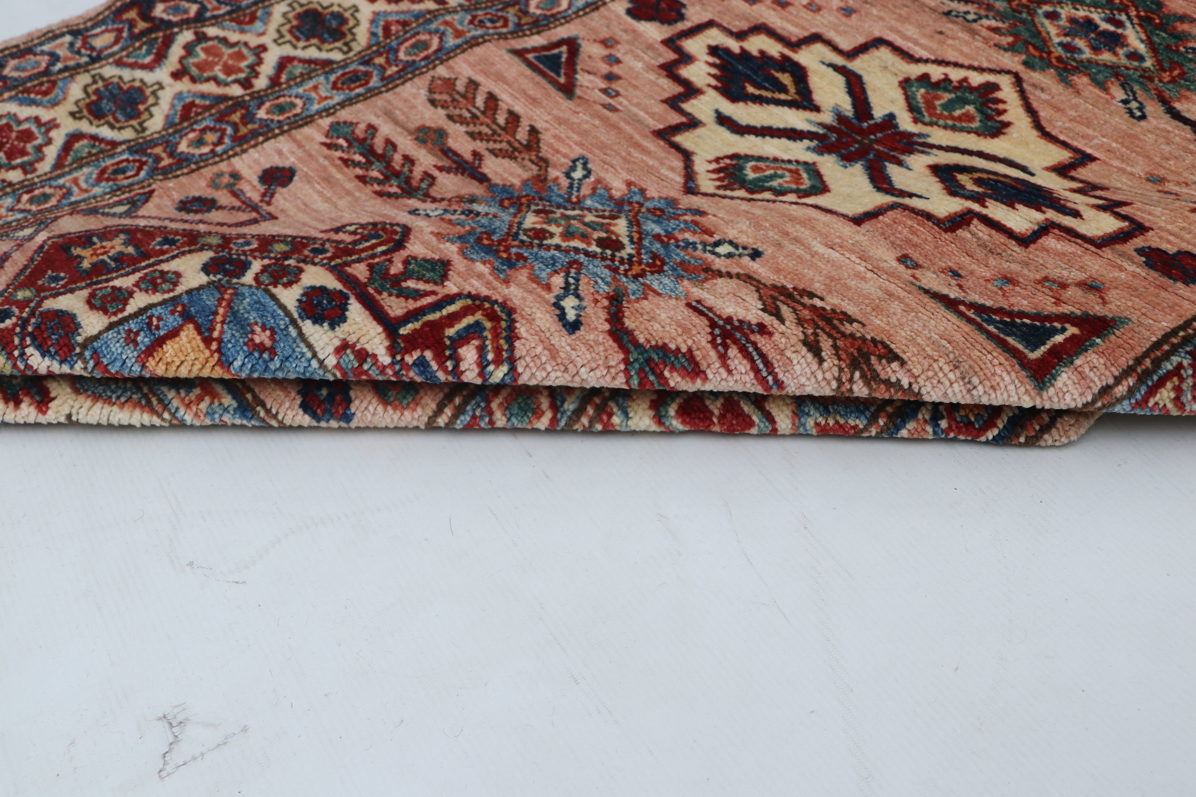 3x9 Beige & Copper Super Kazak Runner Rug | Handmade Wool & Cotton Geometric Rug