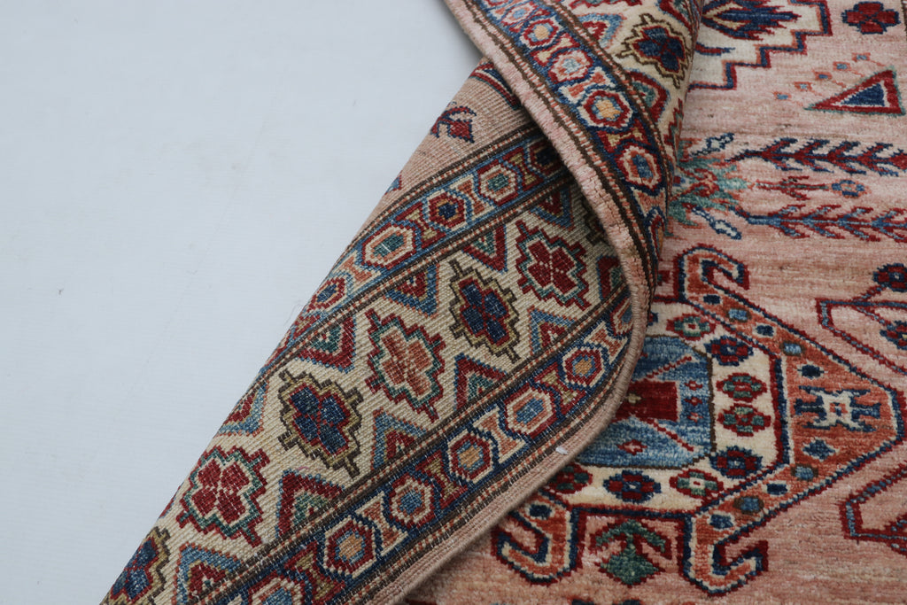 3x9 Beige & Copper Super Kazak Runner Rug | Handmade Wool & Cotton Geometric Rug