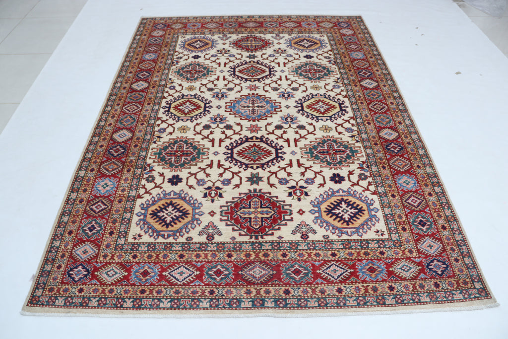 6x8 Beige & Red Super Kazak Geometric Handmade Cotton & Wool Rug | Premium Luxury Area Rug