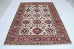 6x8 Beige & Red Super Kazak Geometric Handmade Cotton & Wool Rug | Premium Luxury Area Rug