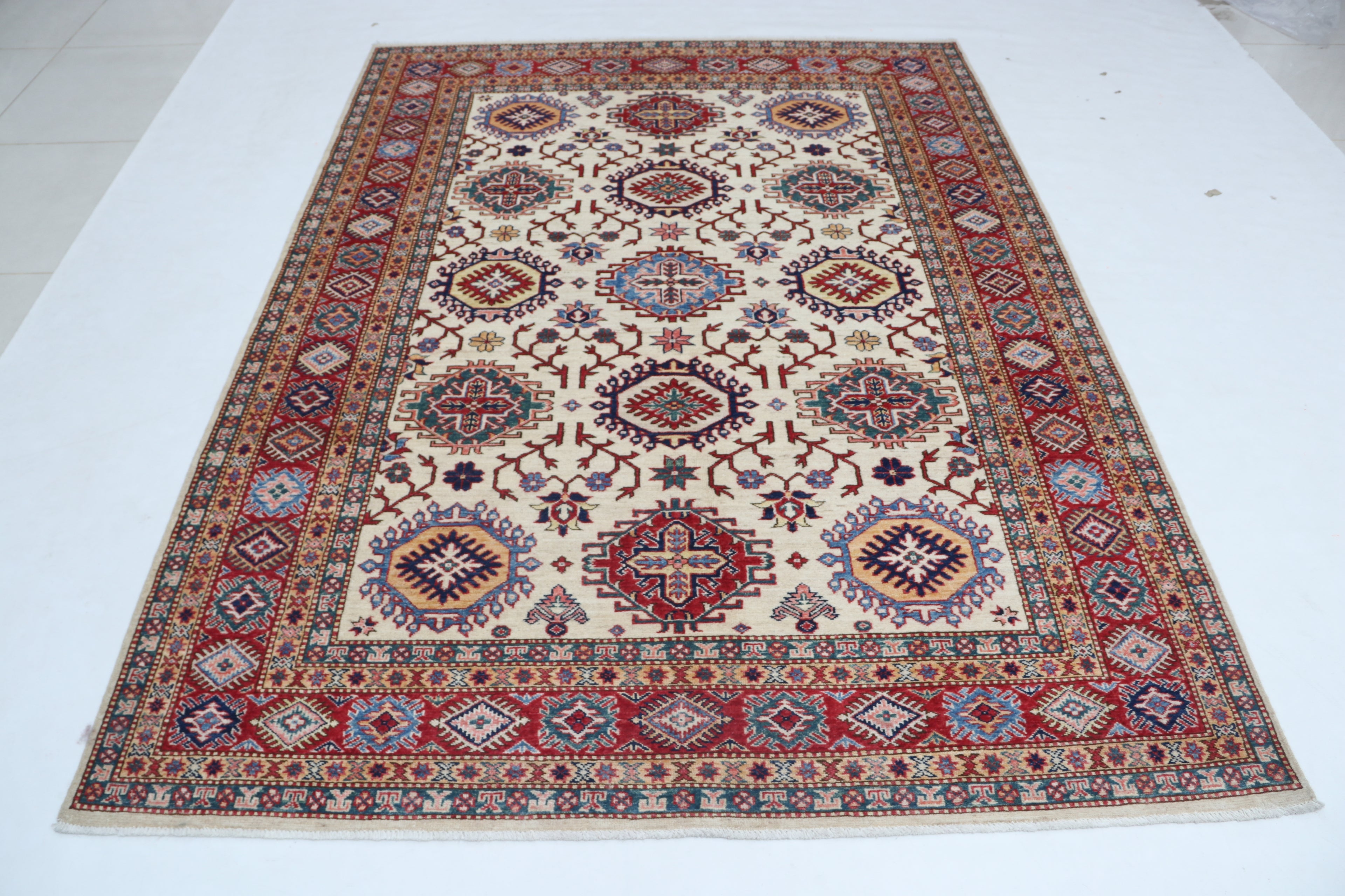 6x8 Beige & Red Super Kazak Geometric Handmade Cotton & Wool Rug | Premium Luxury Area Rug