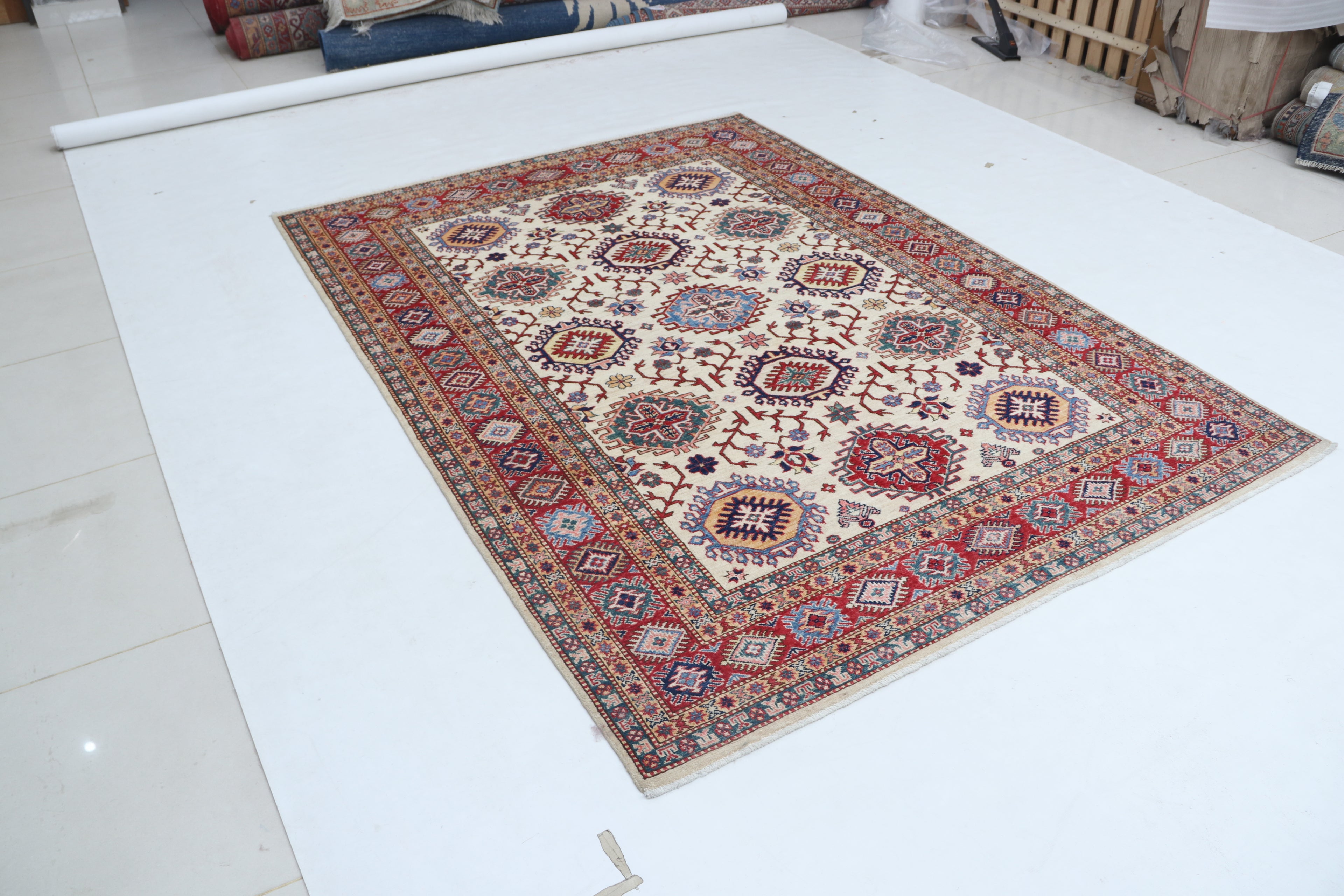 6x8 Beige & Red Super Kazak Geometric Handmade Cotton & Wool Rug | Premium Luxury Area Rug