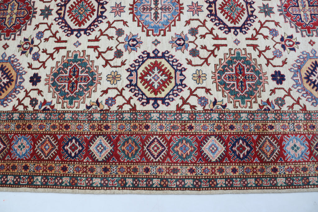 6x8 Beige & Red Super Kazak Geometric Handmade Cotton & Wool Rug | Premium Luxury Area Rug