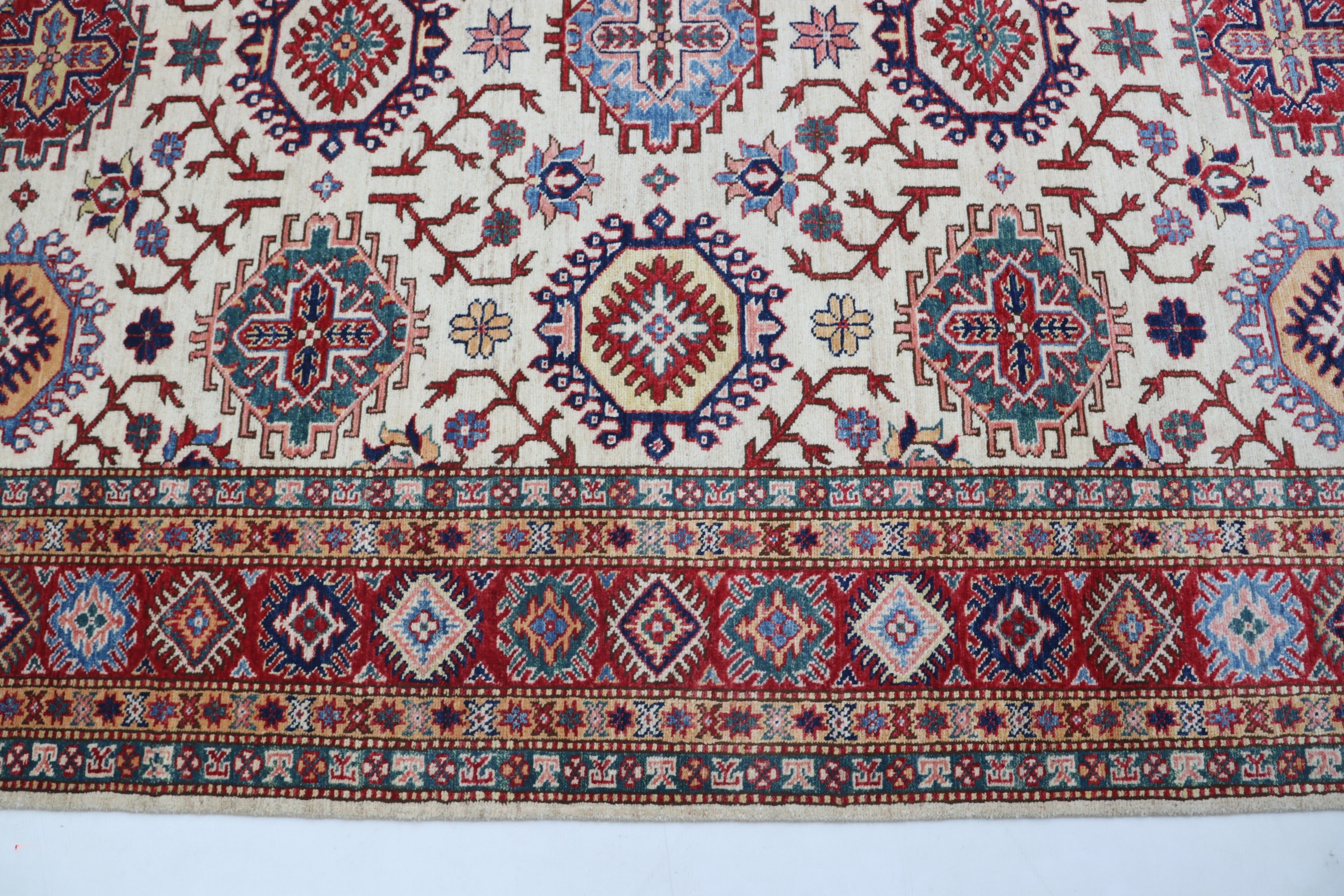 6x8 Beige & Red Super Kazak Geometric Handmade Cotton & Wool Rug | Premium Luxury Area Rug