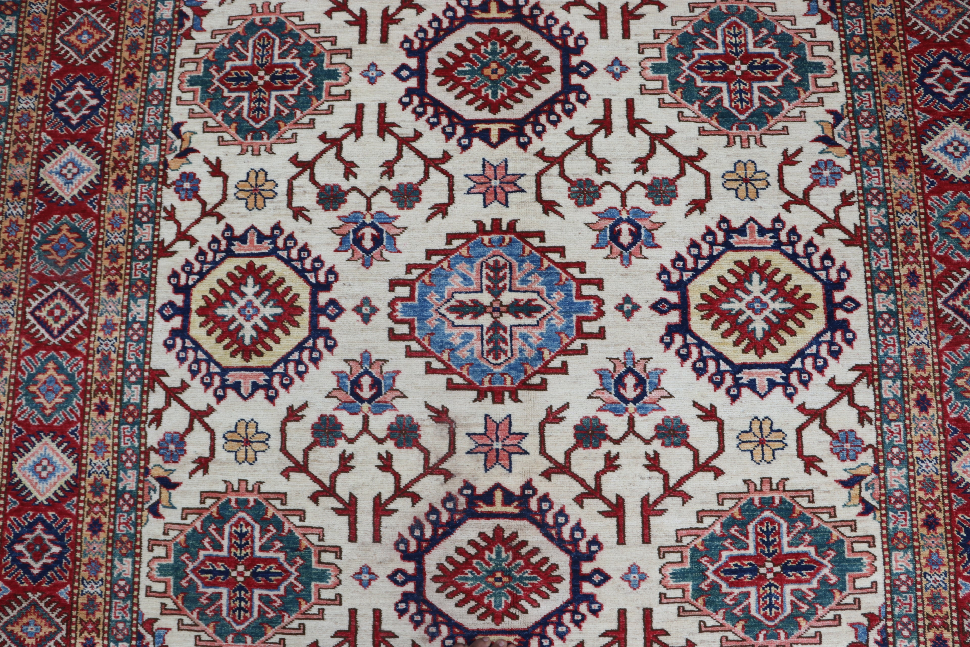 6x8 Beige & Red Super Kazak Geometric Handmade Cotton & Wool Rug | Premium Luxury Area Rug