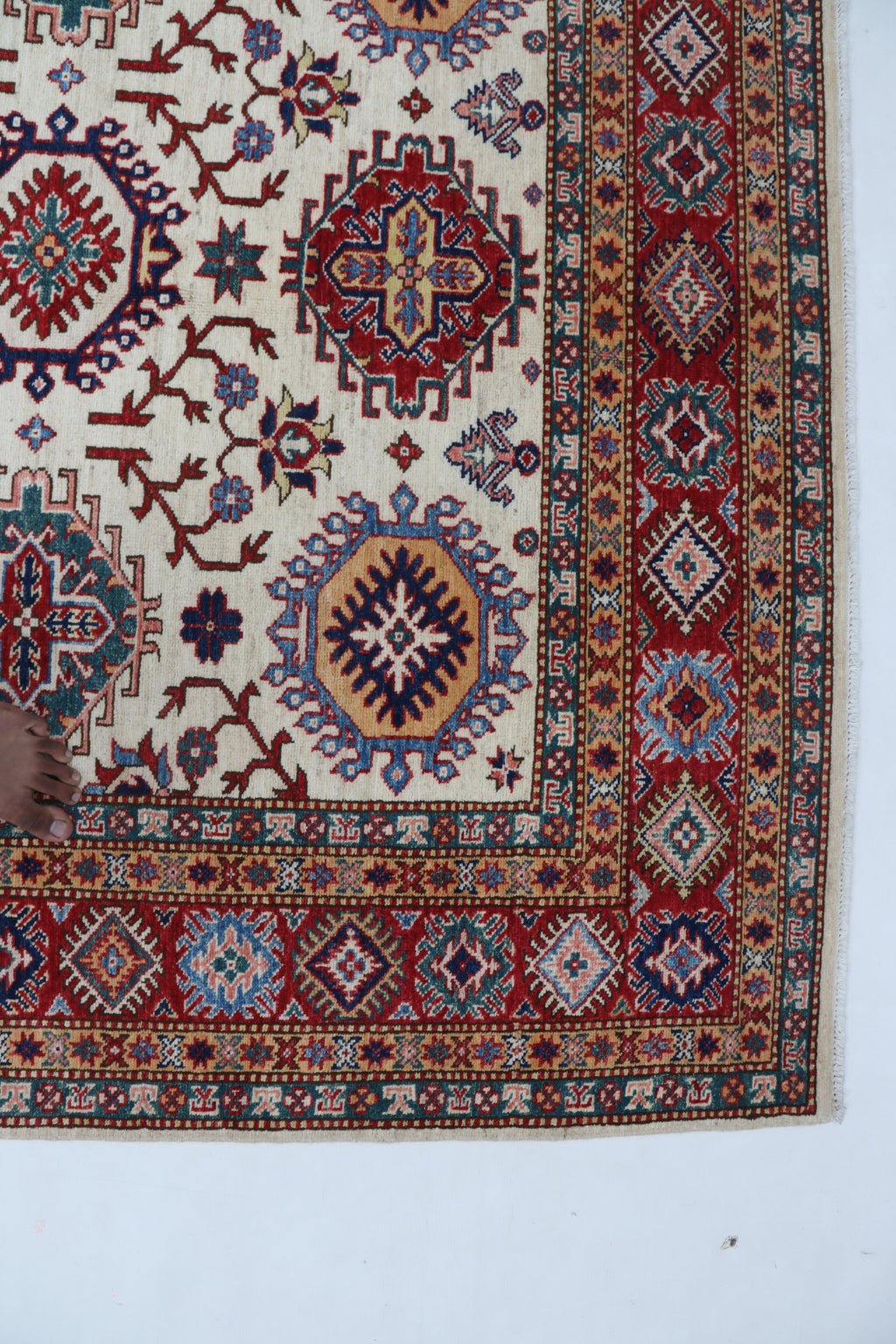 6x8 Beige & Red Super Kazak Geometric Handmade Cotton & Wool Rug | Premium Luxury Area Rug