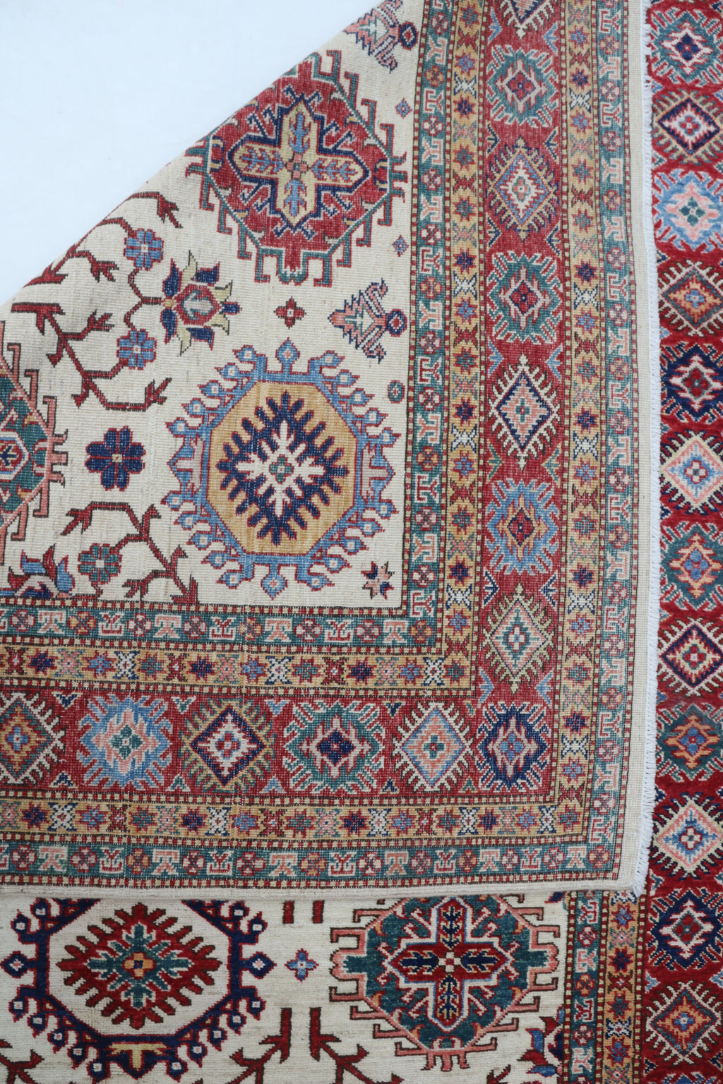 6x8 Beige & Red Super Kazak Geometric Handmade Cotton & Wool Rug | Premium Luxury Area Rug