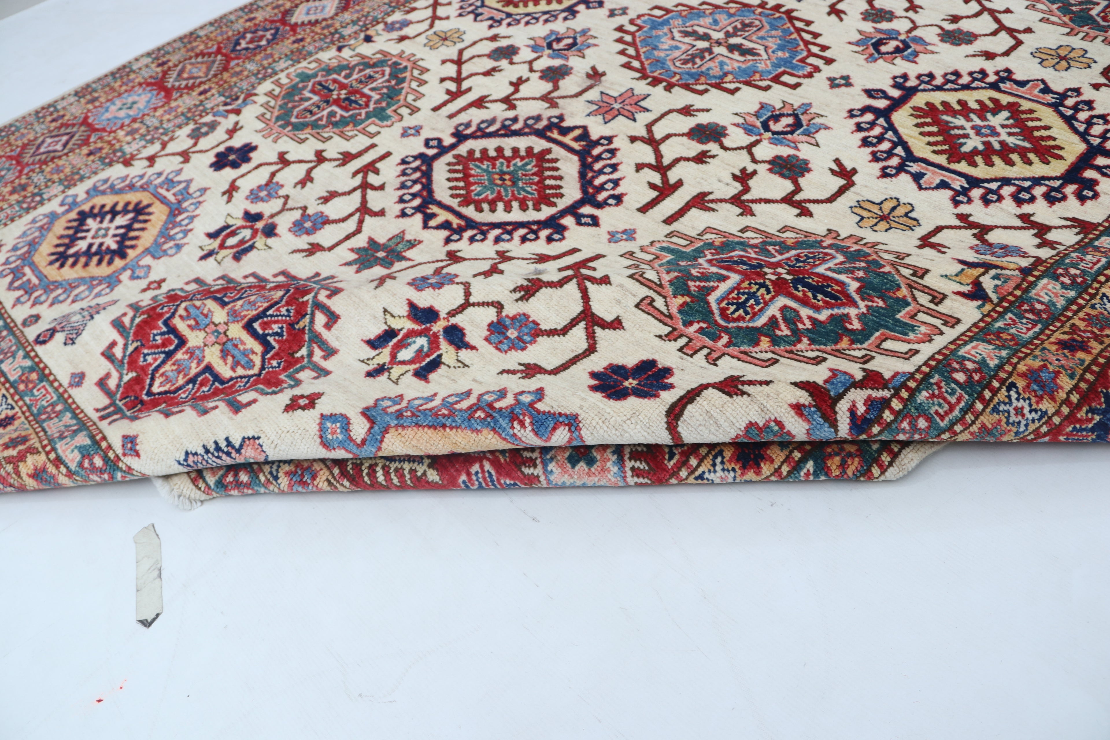 6x8 Beige & Red Super Kazak Geometric Handmade Cotton & Wool Rug | Premium Luxury Area Rug