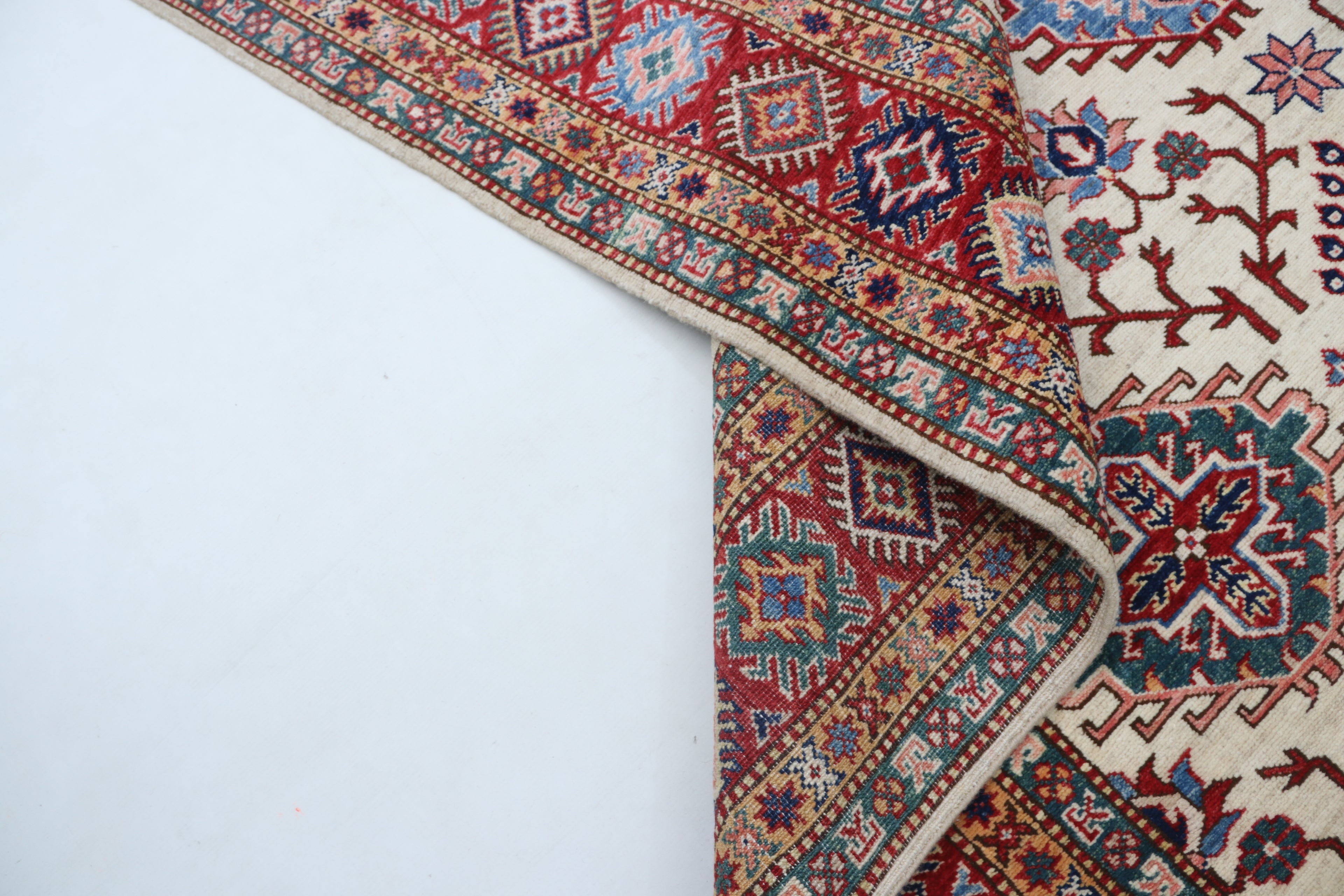 6x8 Beige & Red Super Kazak Geometric Handmade Cotton & Wool Rug | Premium Luxury Area Rug