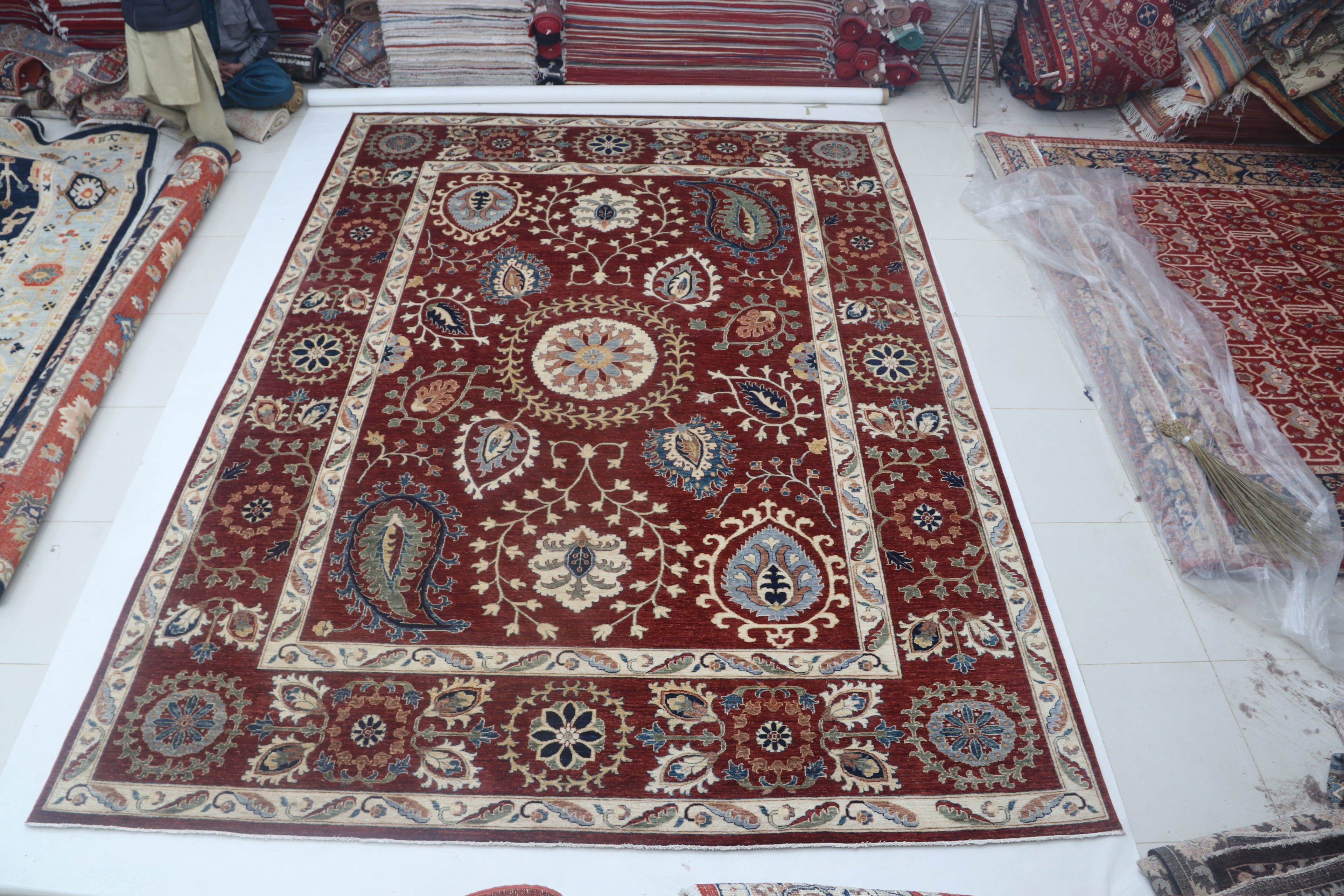 10x14 Red Chobi Area Rug | Handmade Wool & Cotton Floral Rug | Luxury Chobi Rug