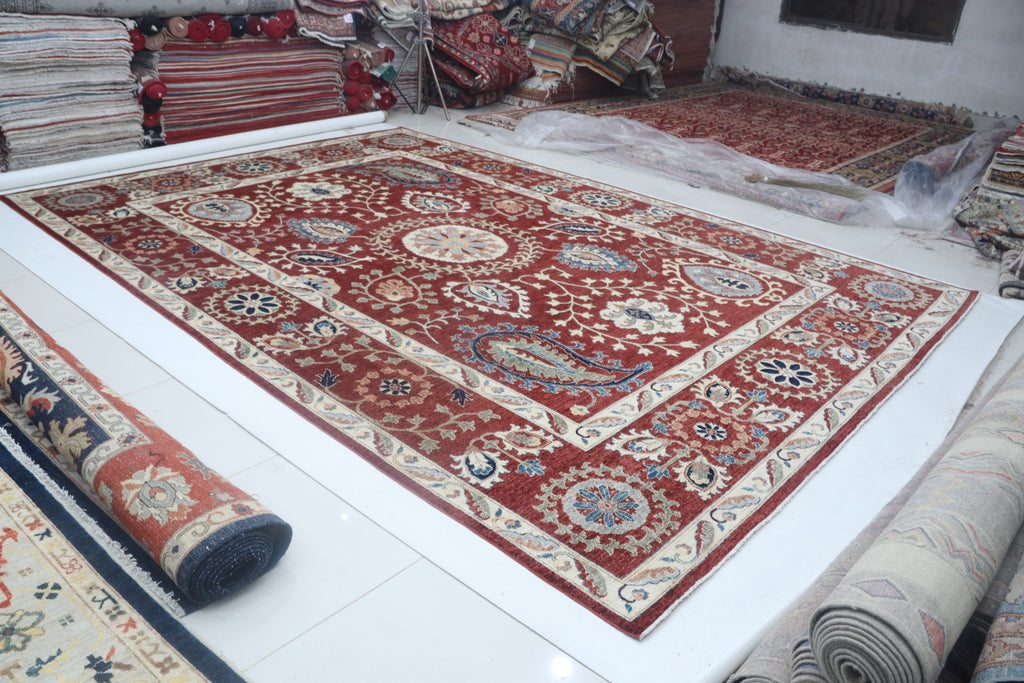 10x14 Red Chobi Area Rug | Handmade Wool & Cotton Floral Rug | Luxury Chobi Rug