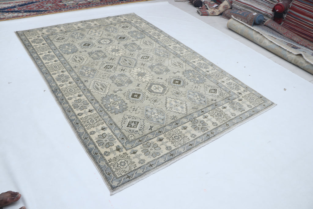6x9 Gray & Beige Chobi Area Rug | Handmade Wool & Cotton Floral Rug | Luxury Chobi Rug