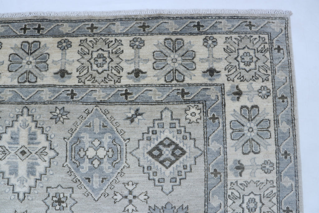 6x9 Gray & Beige Chobi Area Rug | Handmade Wool & Cotton Floral Rug | Luxury Chobi Rug