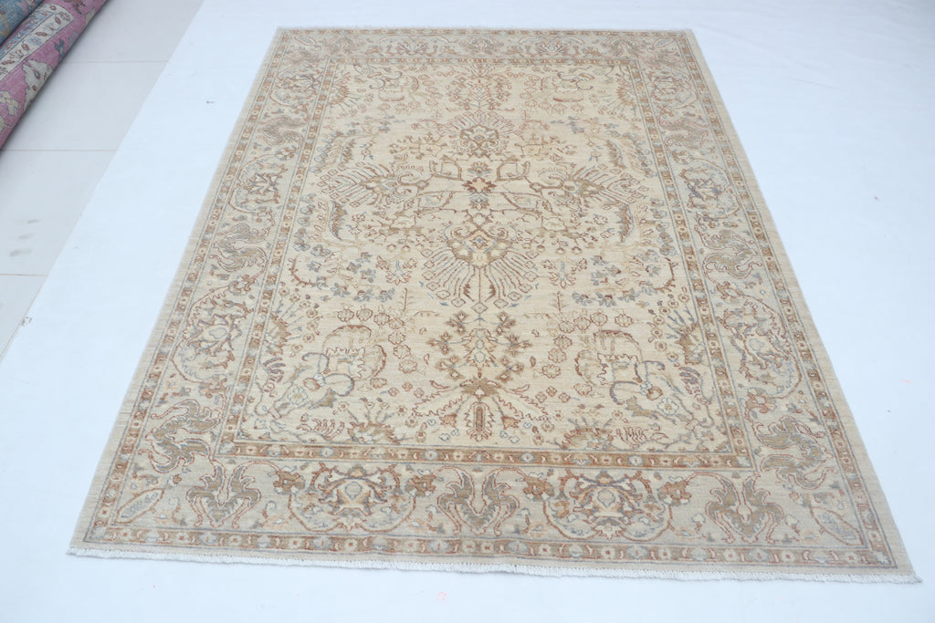 5x7 Beige Chobi Area Rug | Handmade Wool & Cotton Floral Rug | Luxury Chobi Rug