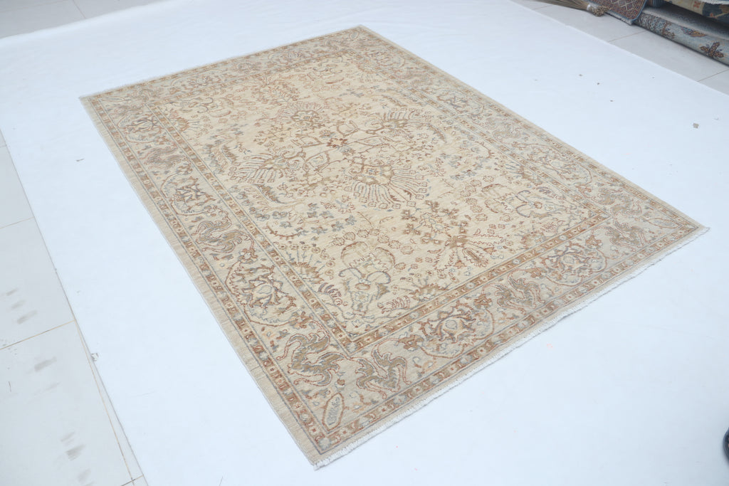 5x7 Beige Chobi Area Rug | Handmade Wool & Cotton Floral Rug | Luxury Chobi Rug